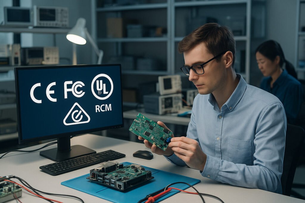 Man testing electronics for compliance