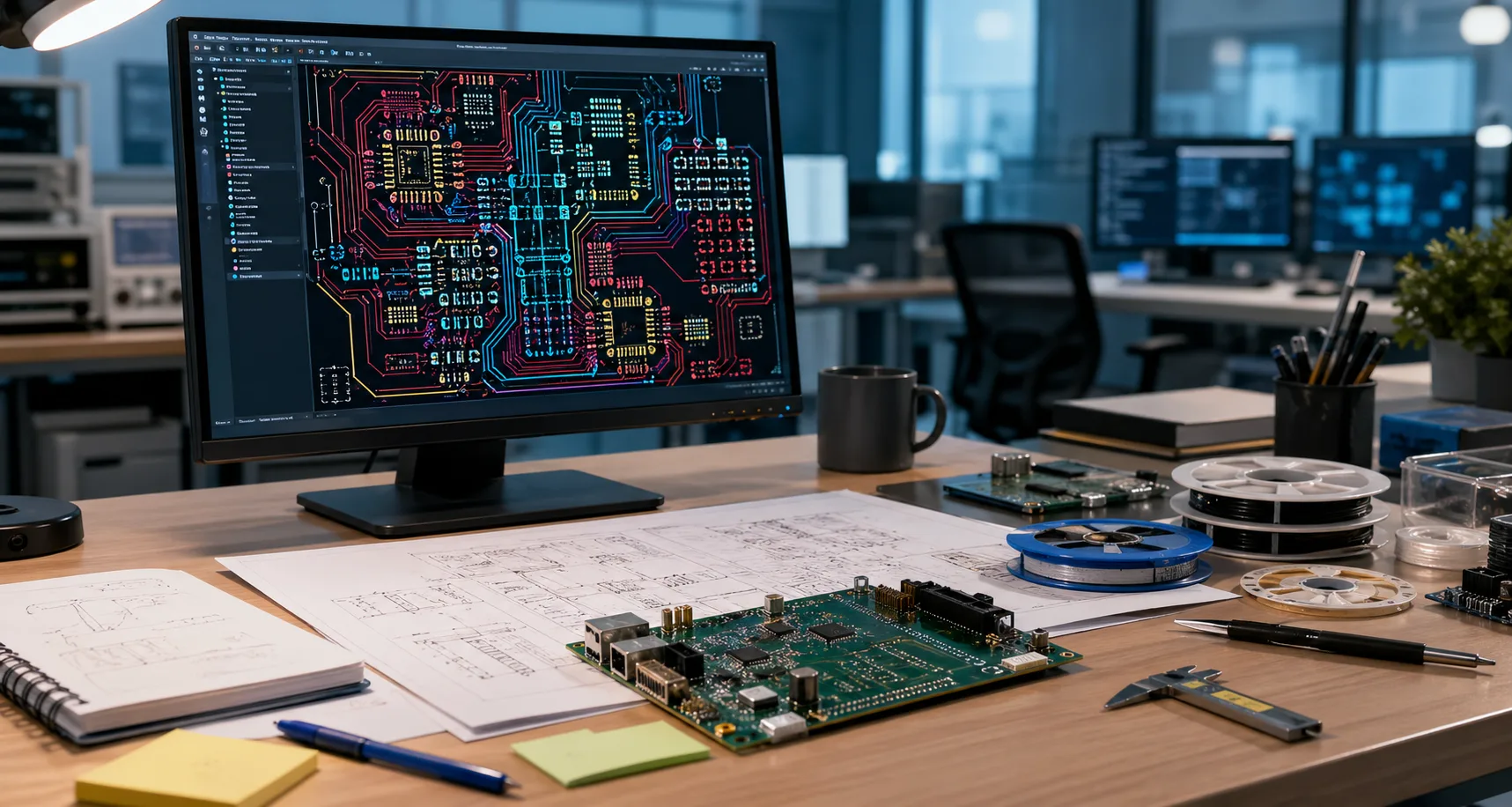 Custom PCB design service workflow with schematic layout and prototype board