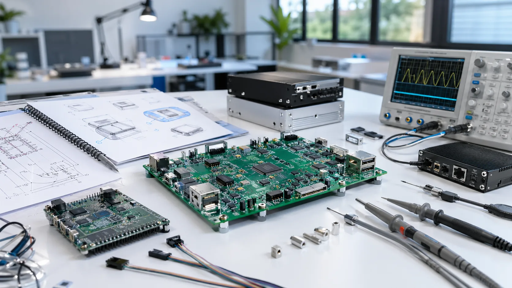Electronics design workspace showing schematic review PCB layout and prototype hardware
