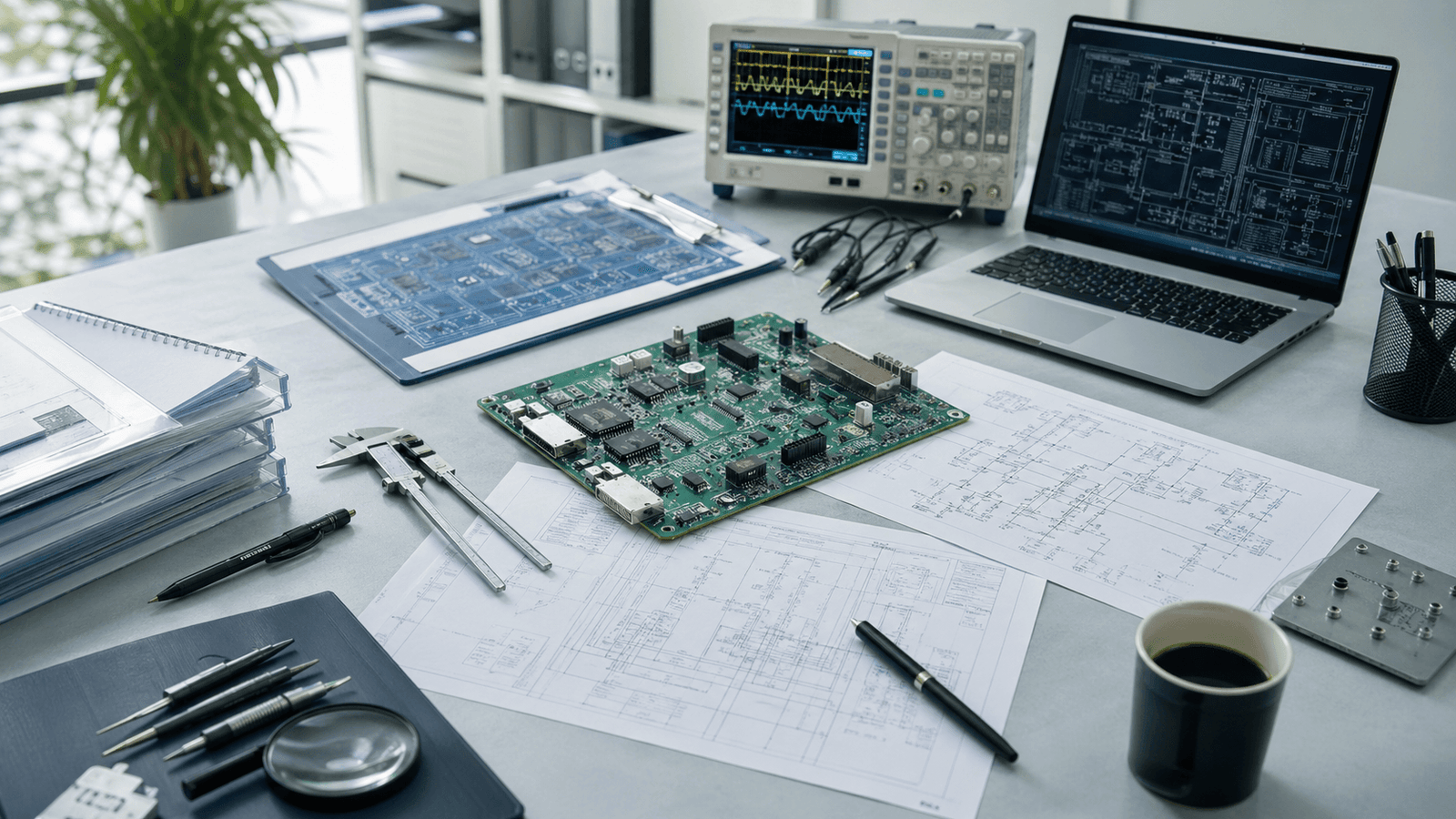 Electronics design services workbench with PCB layout review and prototype testing