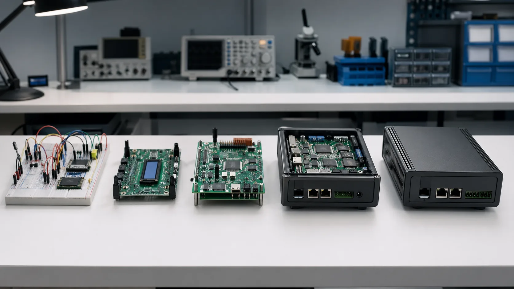 Electronics development bench with prototype PCB test equipment and design review