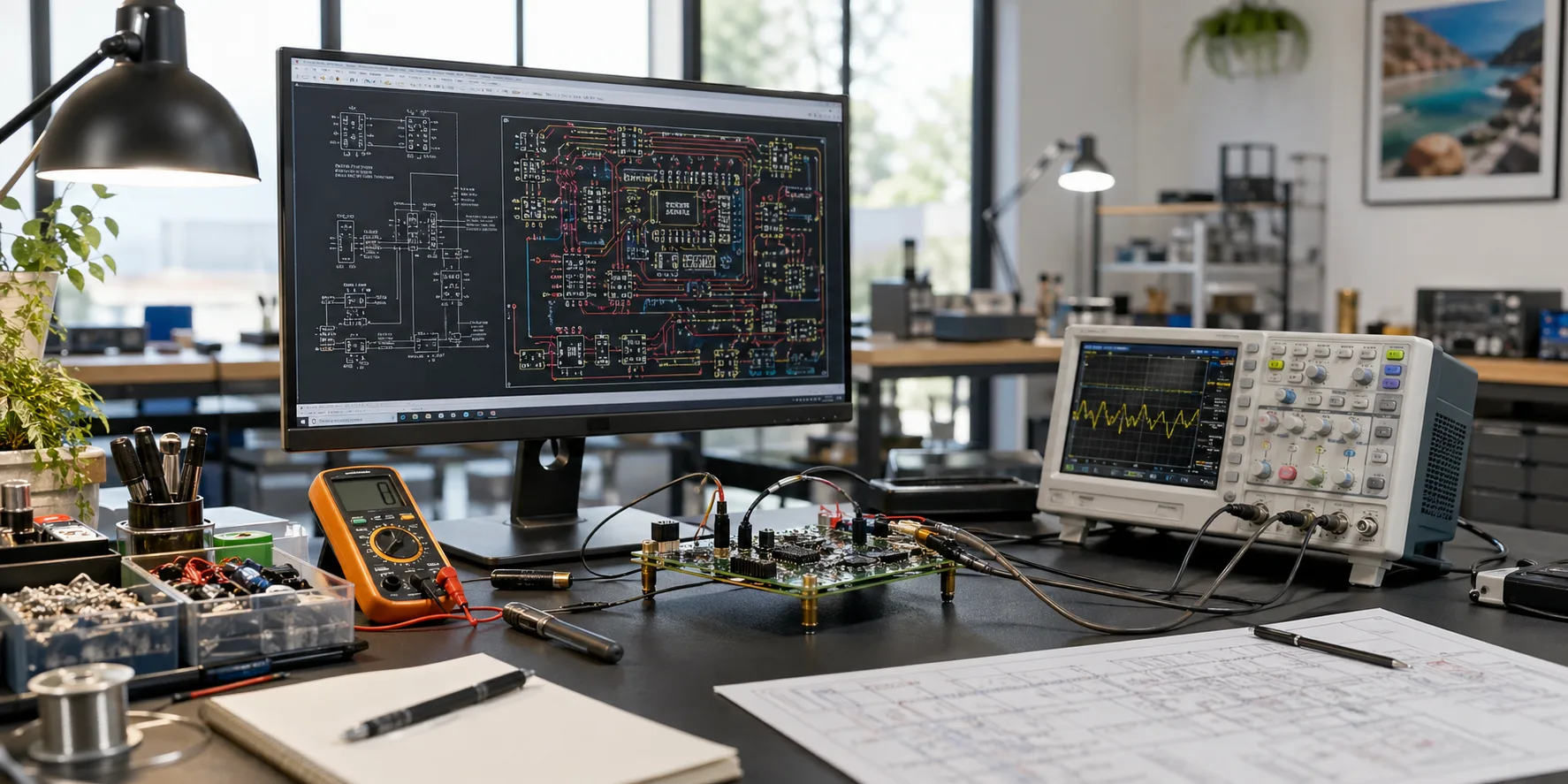 Electronics engineering workbench with PCB design review and test equipment