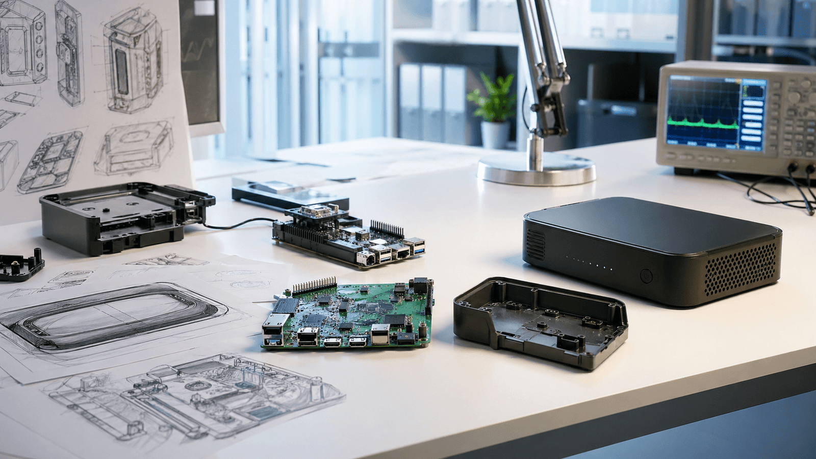 Electronics product development workflow with prototype hardware firmware and test equipment