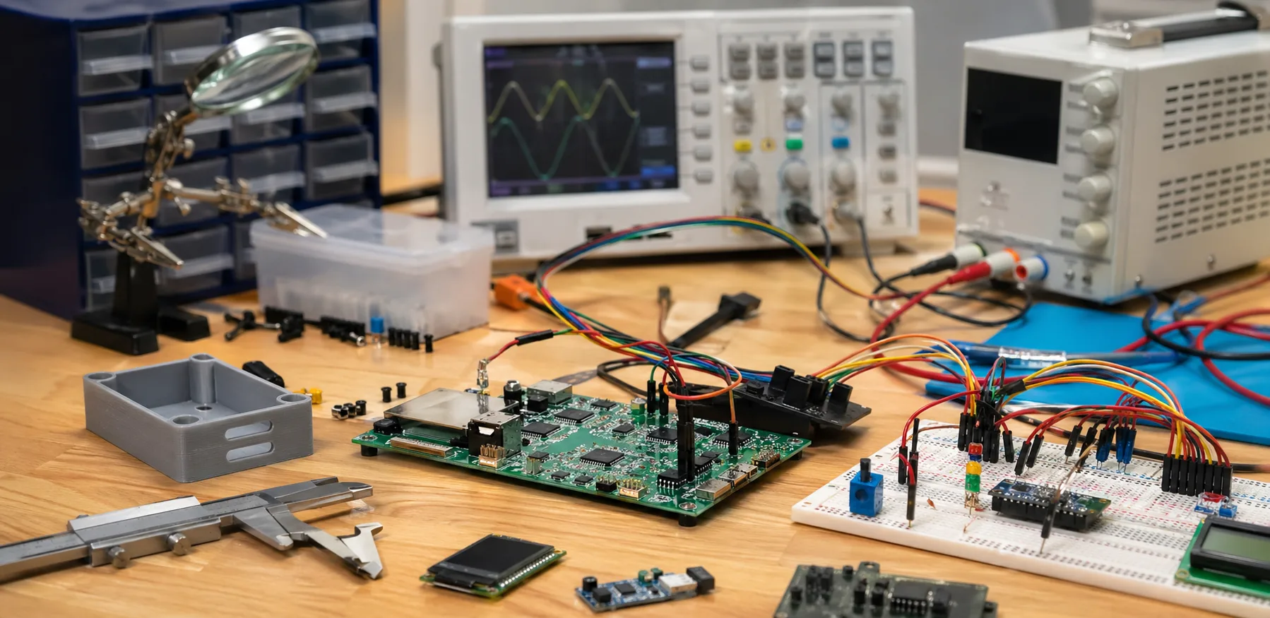 Electronics prototyping bench with PCB prototype and test equipment