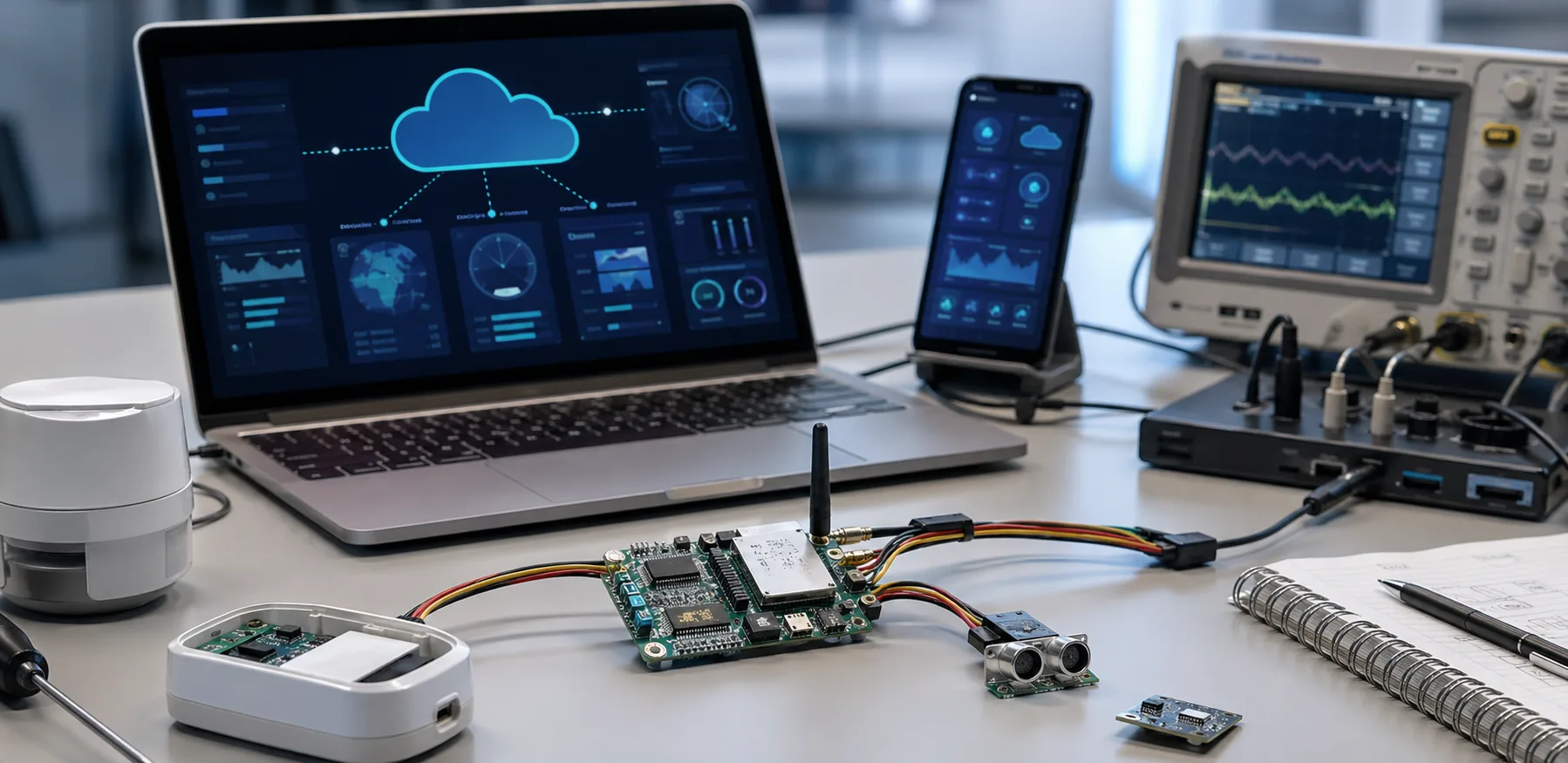 IoT development workspace with connected hardware firmware and cloud integration