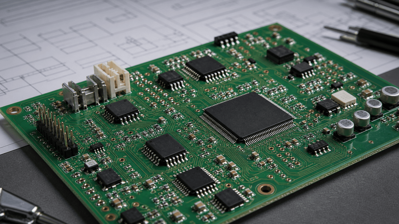 Custom electronics development workspace showing PCB circuit board design with schematics and engineering components