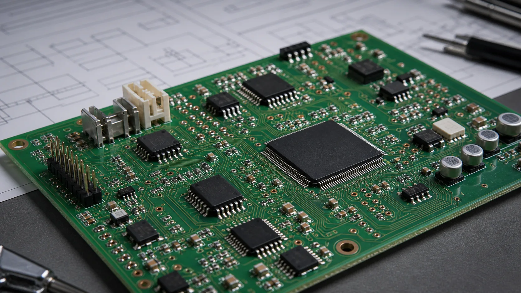 Custom electronics development workspace showing PCB circuit board design with schematics and engineering components