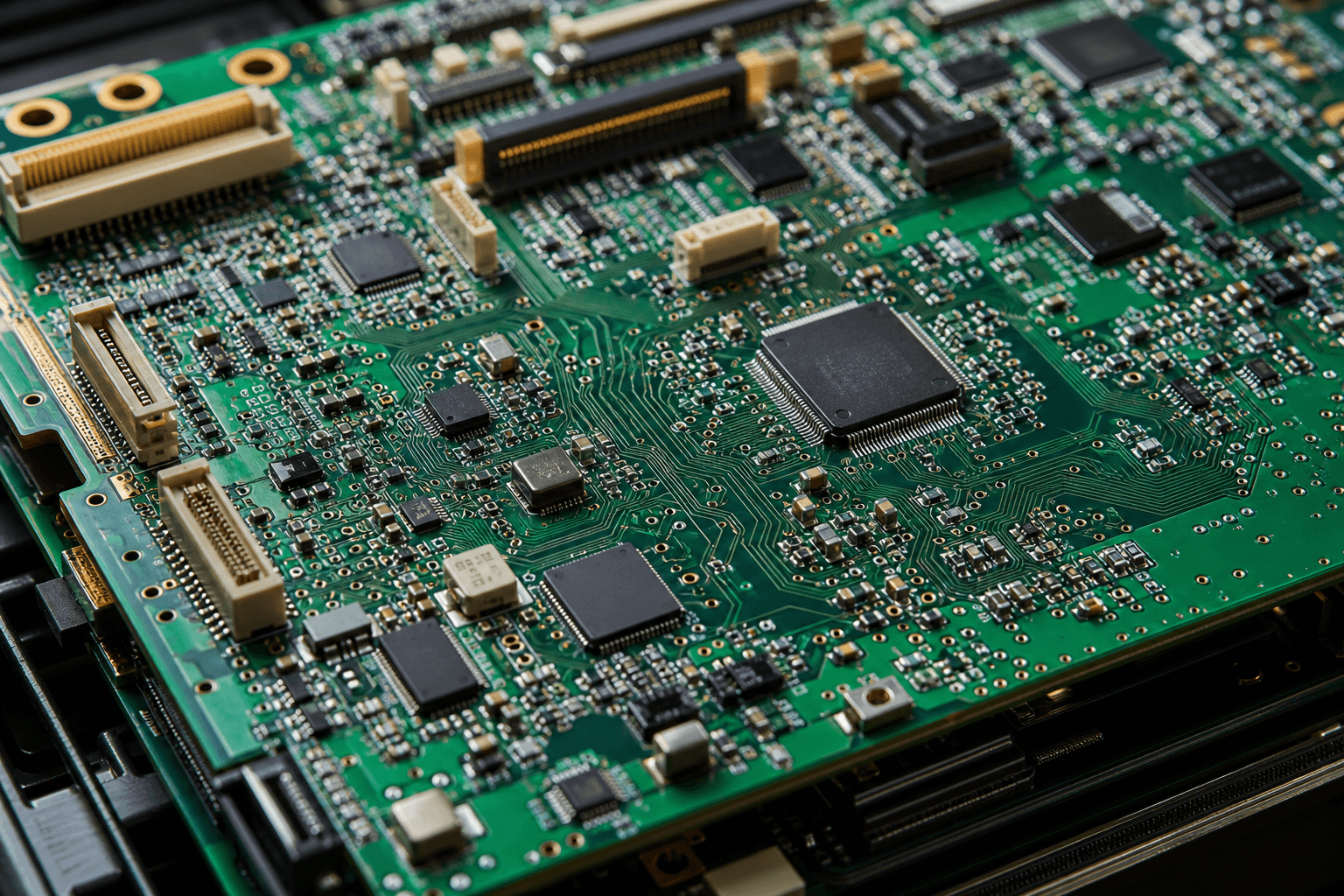 Close-up of a complex multi-layer PCB with fine traces and SMD components under engineering workshop lighting