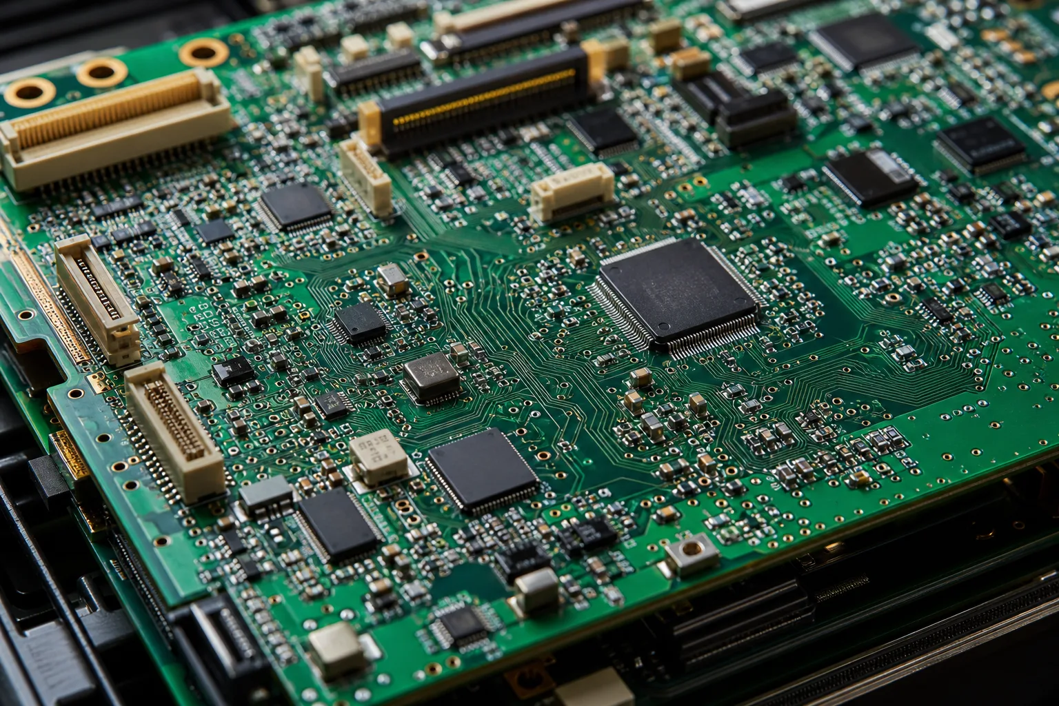 Close-up of a complex multi-layer PCB with fine traces and SMD components under engineering workshop lighting
