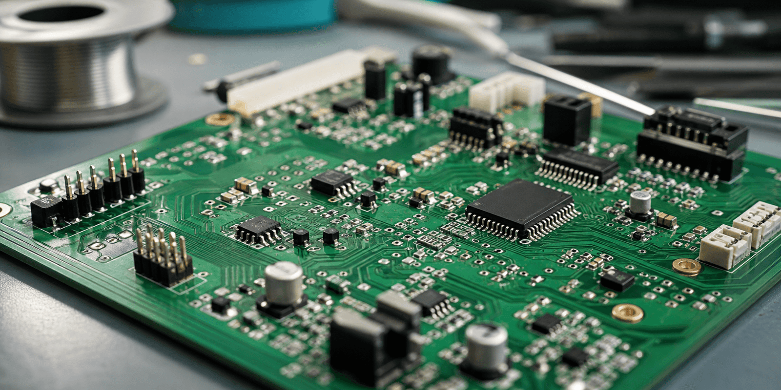 Close-up of a green PCB prototype board with assembled electronic components on an engineering workbench