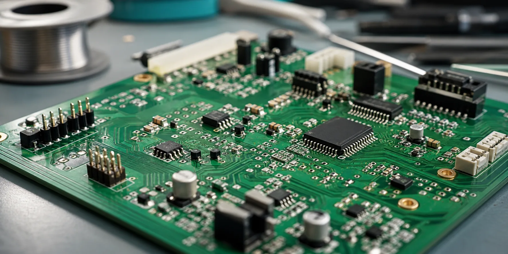 Close-up of a green PCB prototype board with assembled electronic components on an engineering workbench