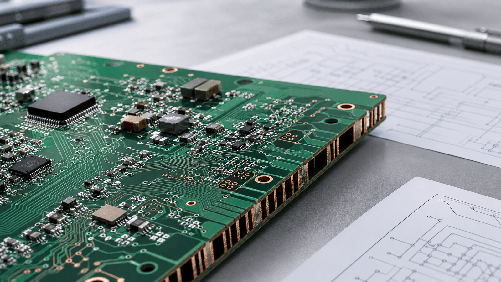 Electronics engineering workspace with PCB boards and test equipment representing full-service electronics design solutions