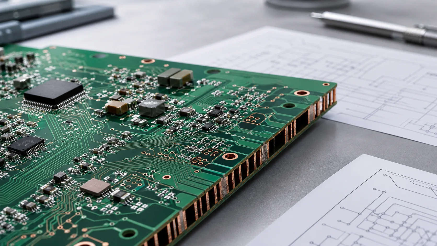 Electronics engineering workspace with PCB boards and test equipment representing full-service electronics design solutions