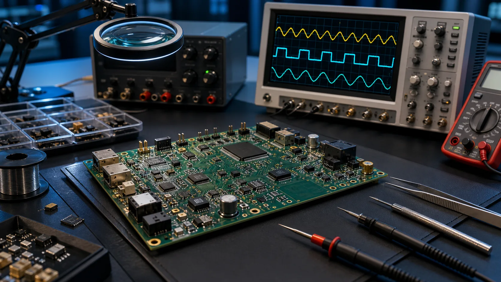 PCB circuit board with visible component traces and engineering test equipment in a professional electronics design workspace