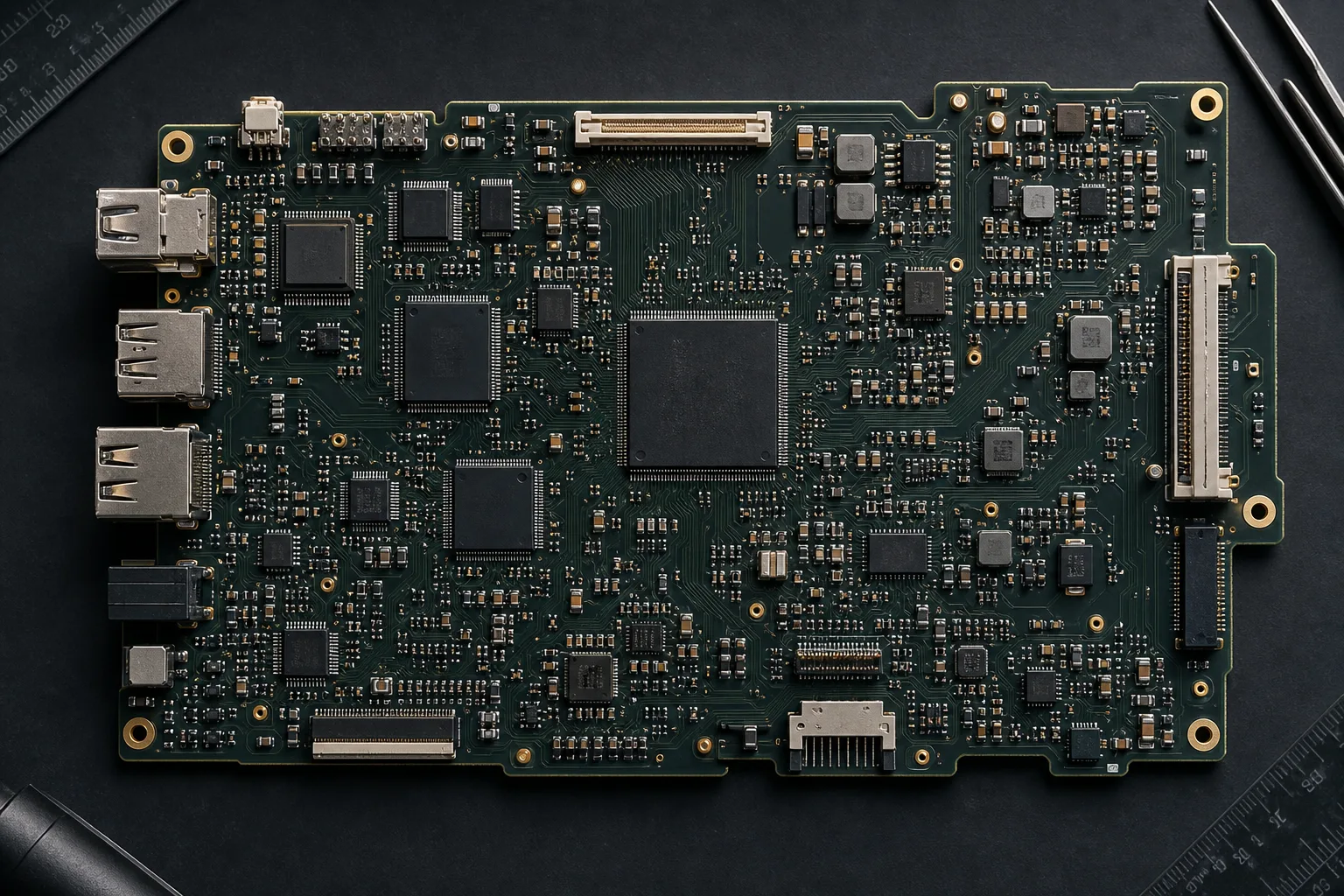 Overhead view of a complex multilayer PCB with dense SMD components and signal routing traces on an engineering workbench