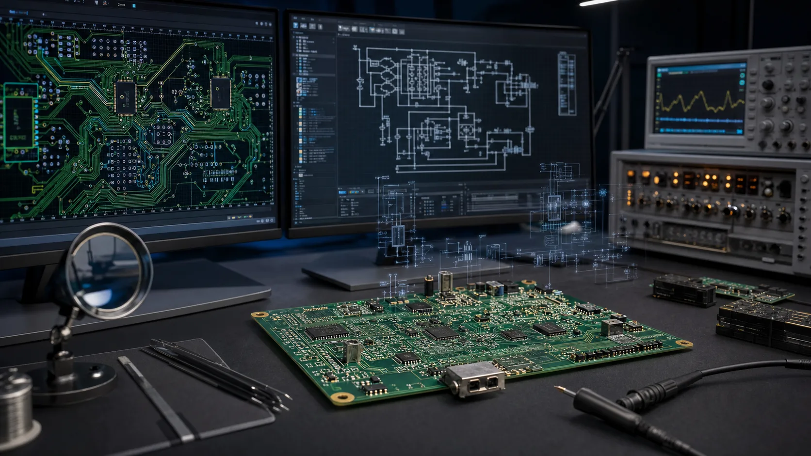 Electronics product design workspace with PCB schematic overlays and engineering diagrams on screen