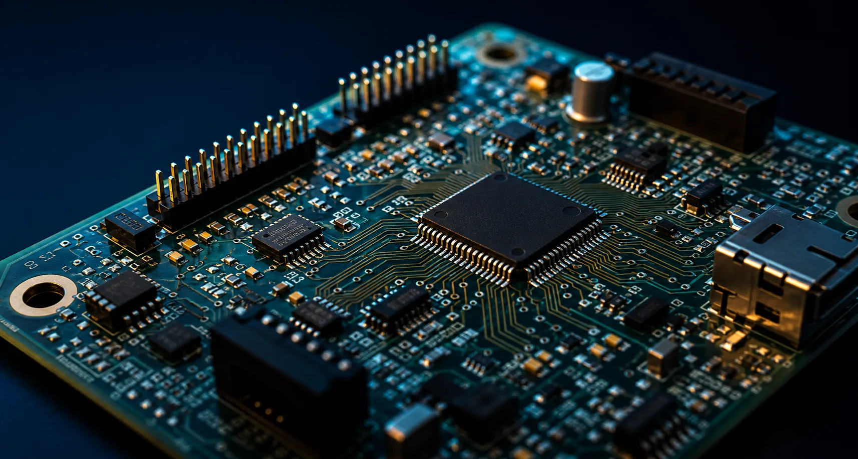 Close-up macro shot of a microcontroller PCB with visible IC chips, solder joints and copper traces, dark navy background with teal and amber accent lighting
