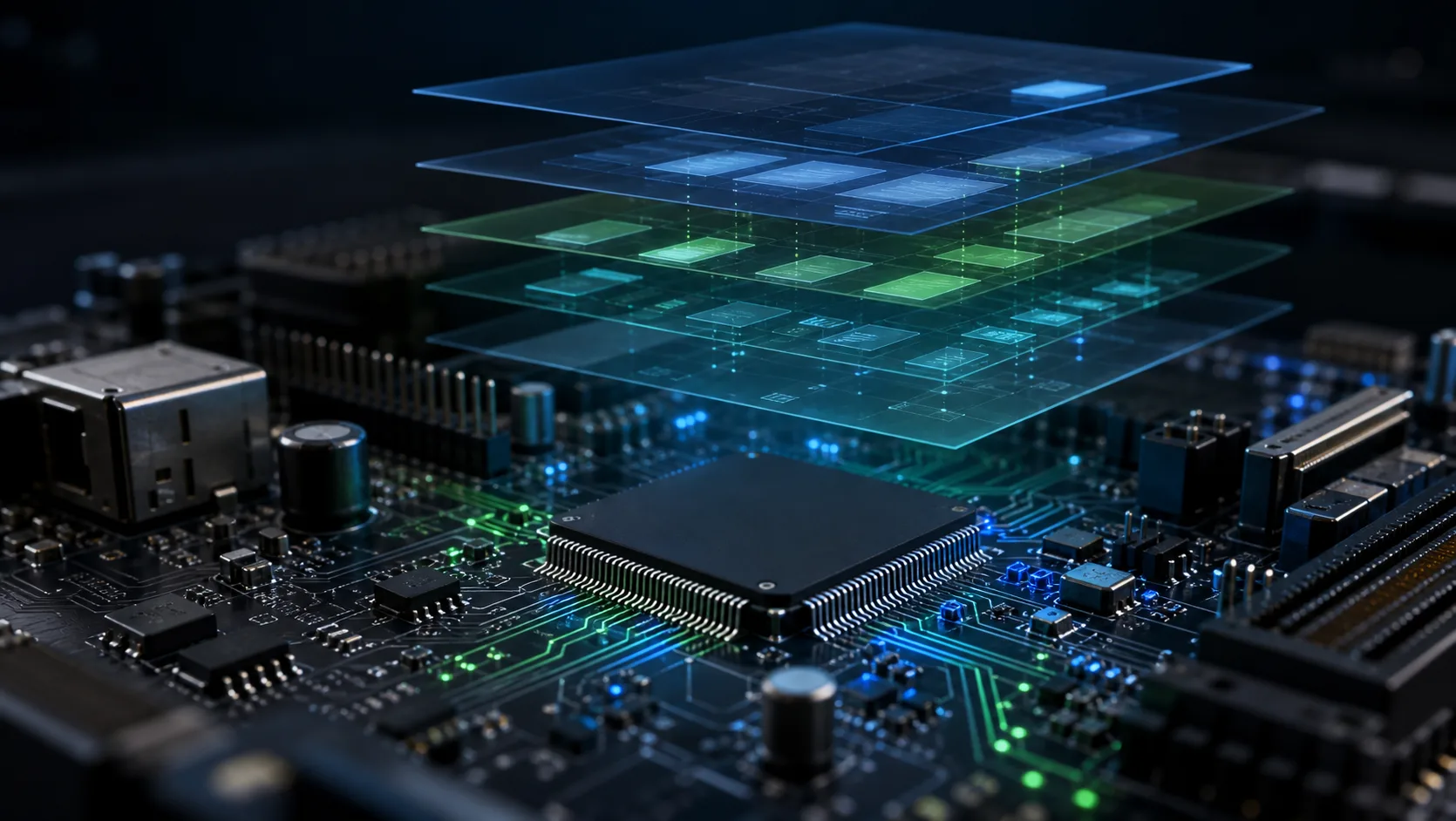 Close-up of a microcontroller PCB with layered firmware architecture representation, dark background with blue and green accent lighting