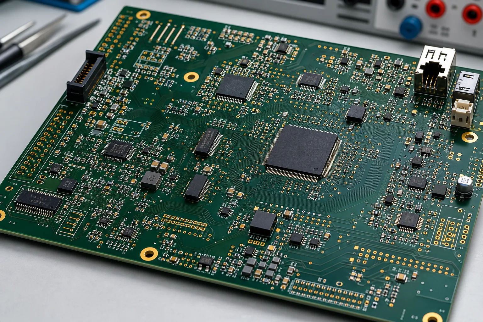 Multilayer printed circuit board viewed from above at a slight angle, showing green substrate, gold pads, SMD components and copper traces