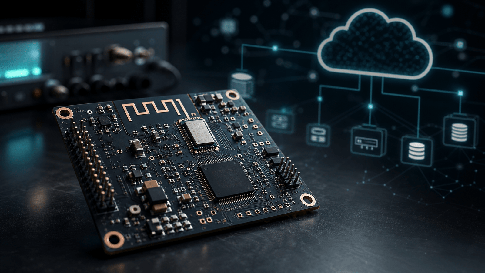 IoT PCB hardware with wireless antenna traces and cloud connectivity architecture diagram