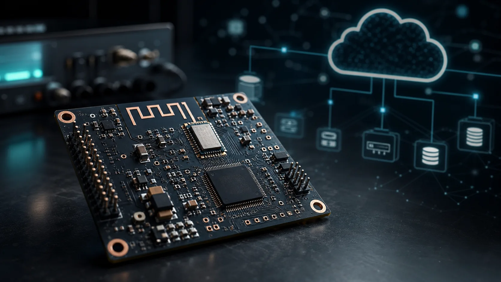 IoT PCB hardware with wireless antenna traces and cloud connectivity architecture diagram