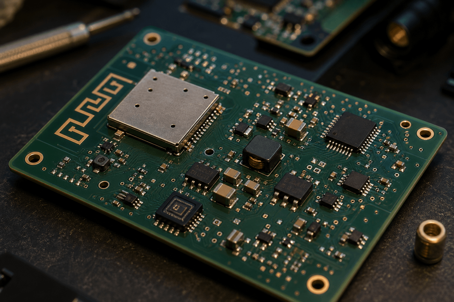 IoT device design workspace showing wireless module integration power architecture and PCB layout