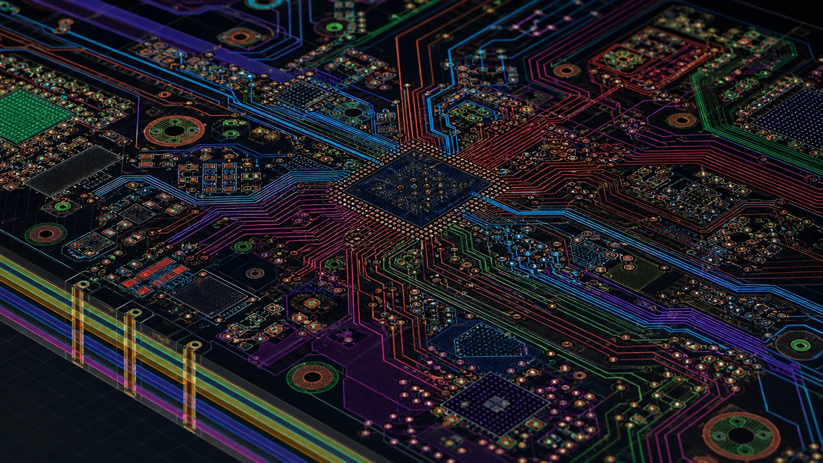 Multilayer PCB layout on a workstation screen showing signal routing and component placement for a production-ready board design