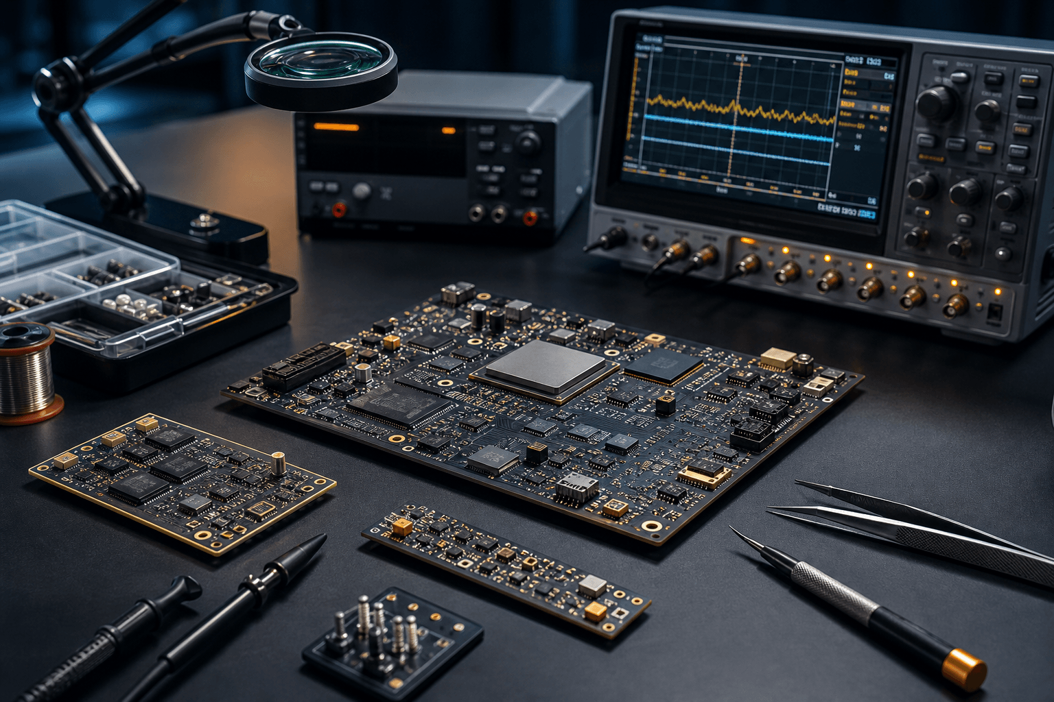 PCB circuit boards and test equipment on an electronics engineering workbench, representing a professional electronics design house environment
