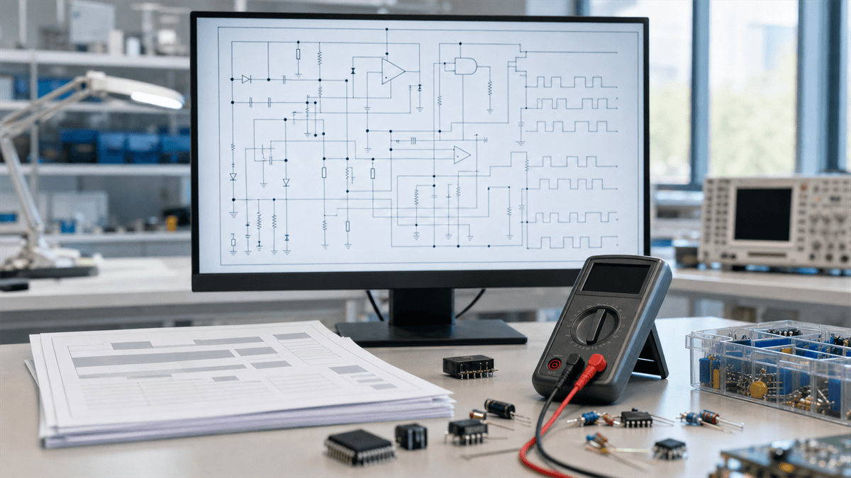 Analog and digital circuit schematic displayed on an engineering workstation screen with component datasheets nearby