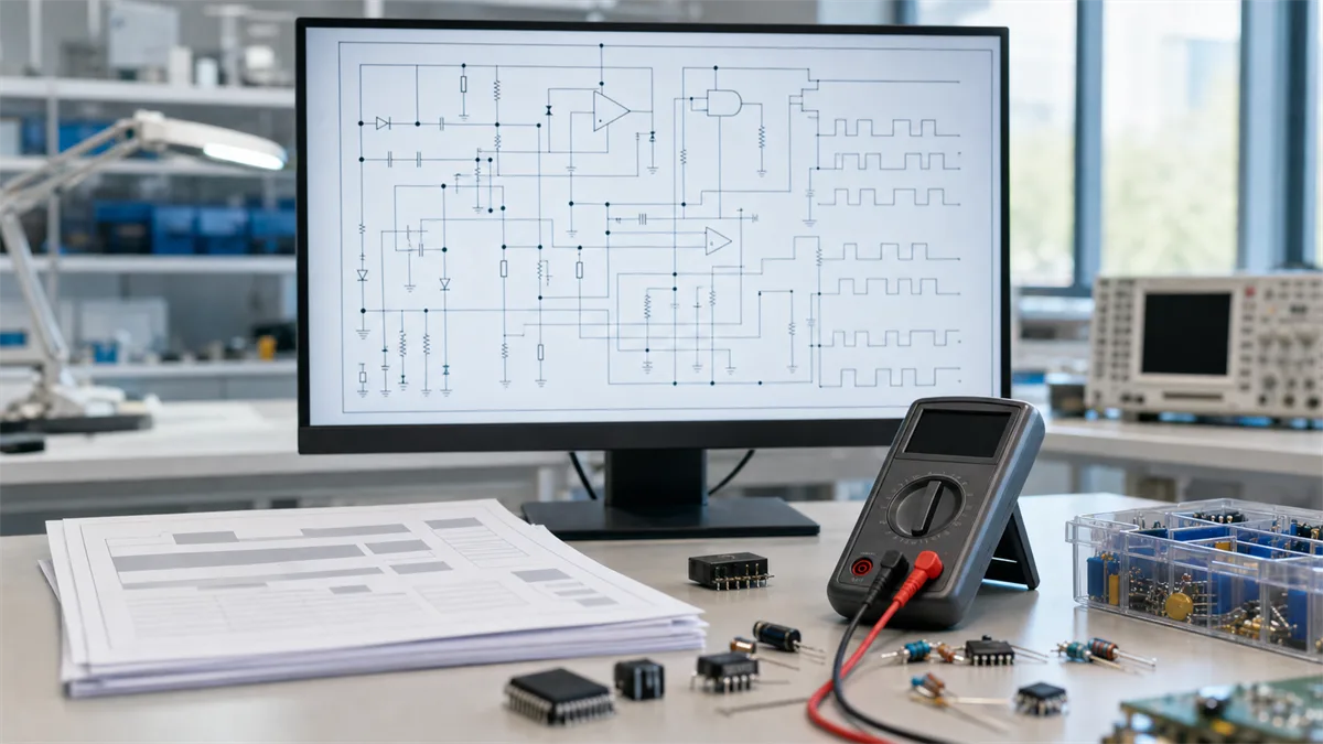 Analog and digital circuit schematic displayed on an engineering workstation screen with component datasheets nearby