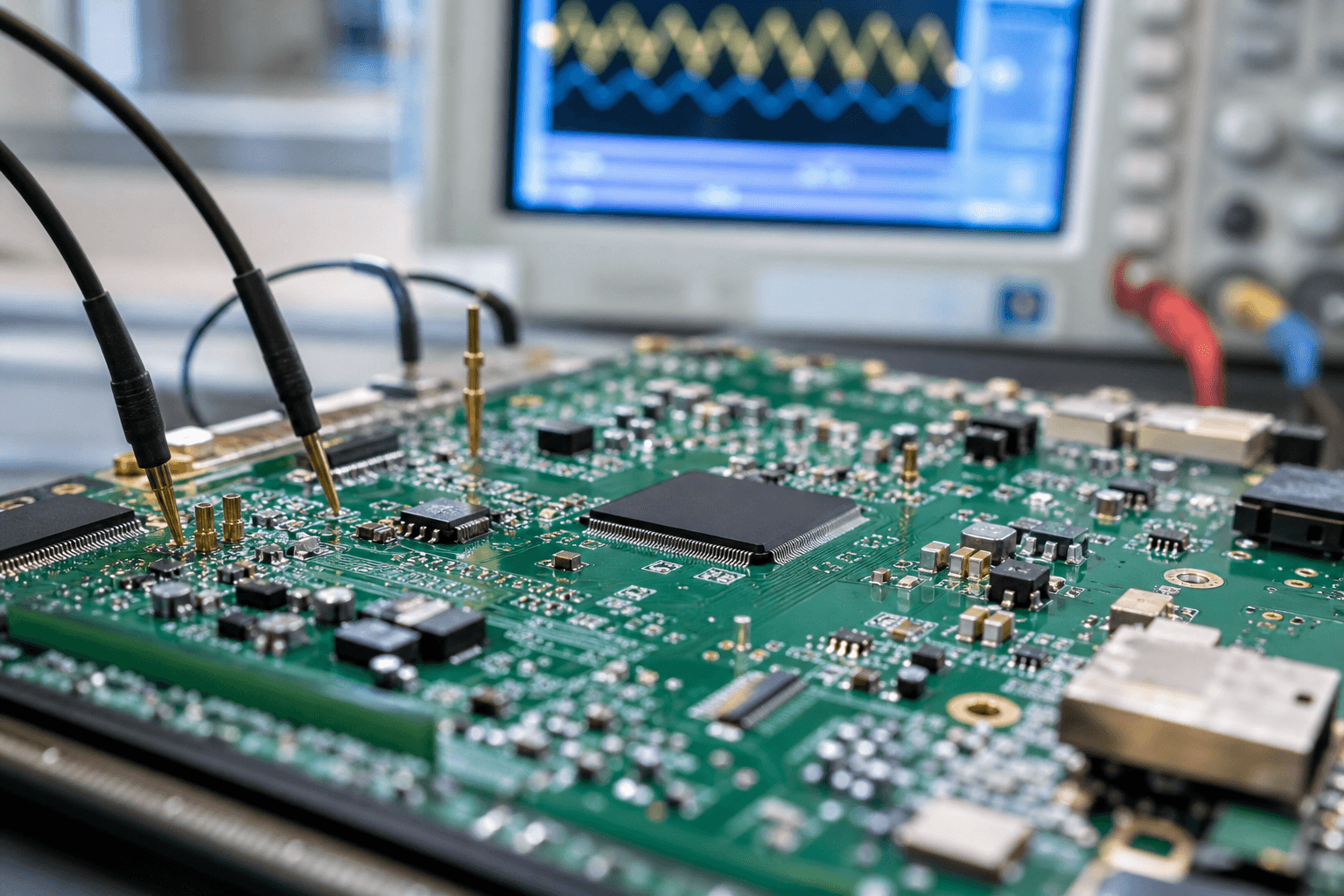Engineer-eye view of a populated multilayer circuit board with probe points and an oscilloscope trace on a workbench monitor