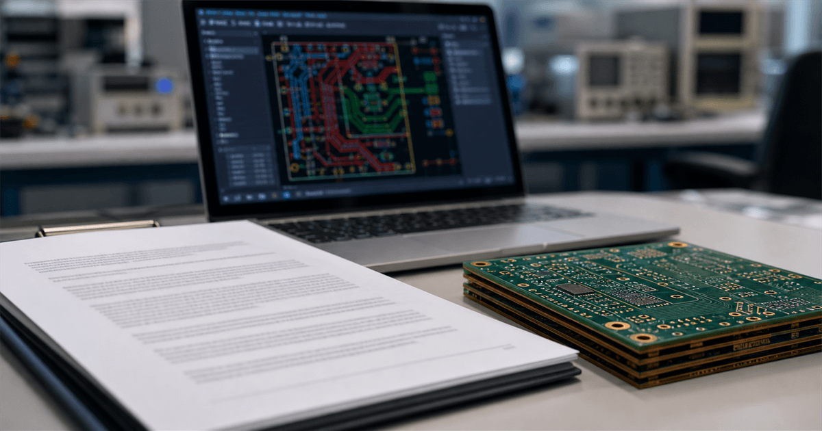 Engineer reviewing technical proposal documents and a PCB layout on a desk in a modern electronics workshop
