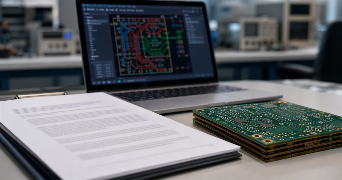 Engineer reviewing technical proposal documents and a PCB layout on a desk in a modern electronics workshop
