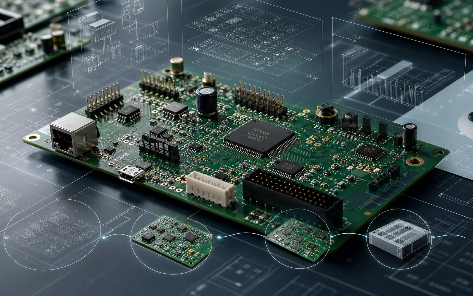 Professional PCB circuit board with electronic components and engineering schematics representing electronic product design from concept to launch