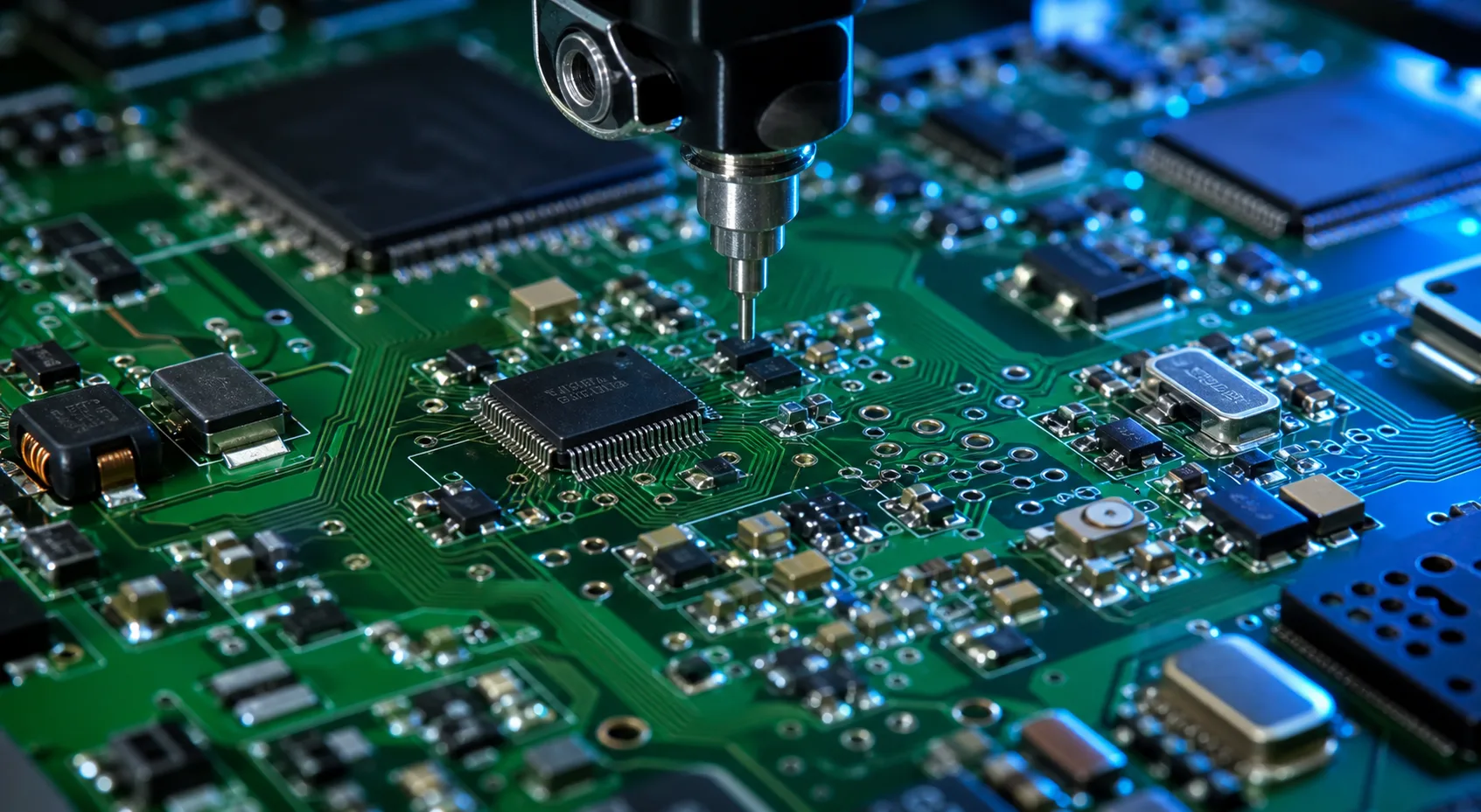 Close-up of a green PCB circuit board with surface-mount components under blue LED lighting during electronics prototyping