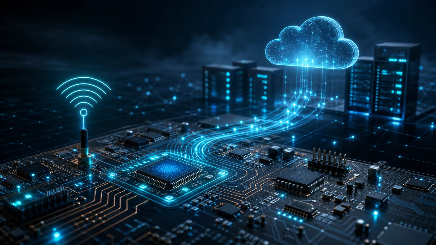 IoT system diagram showing a circuit board connected to wireless signals and cloud infrastructure with data flow lines