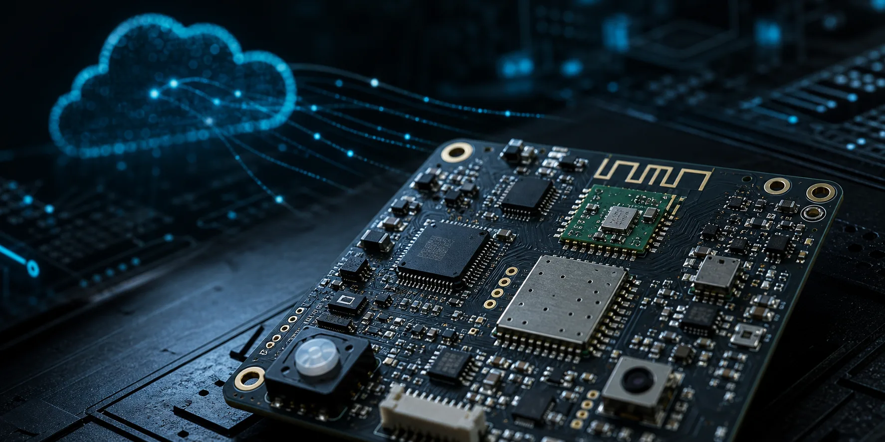 Custom IoT PCB with wireless connectivity chips and sensor modules against a dark technical background with cloud data flow lines