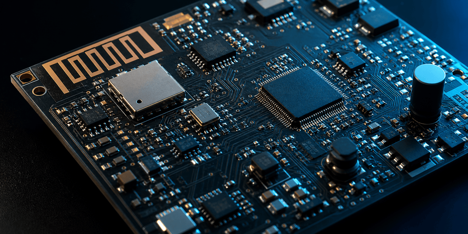 IoT PCB hardware design showing wireless antenna traces, sensor components and power regulation circuitry on a dark technical background