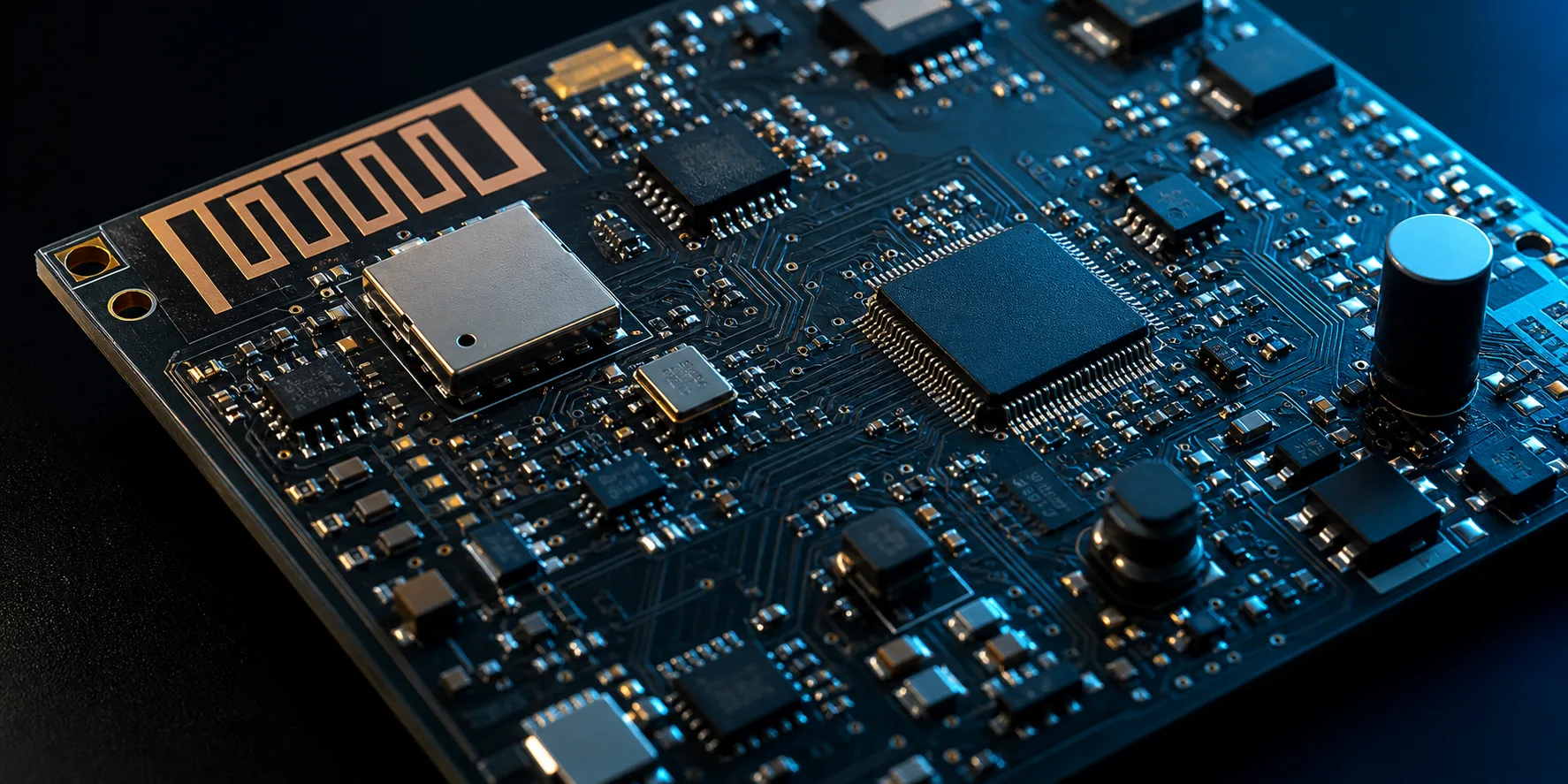 IoT PCB hardware design showing wireless antenna traces, sensor components and power regulation circuitry on a dark technical background