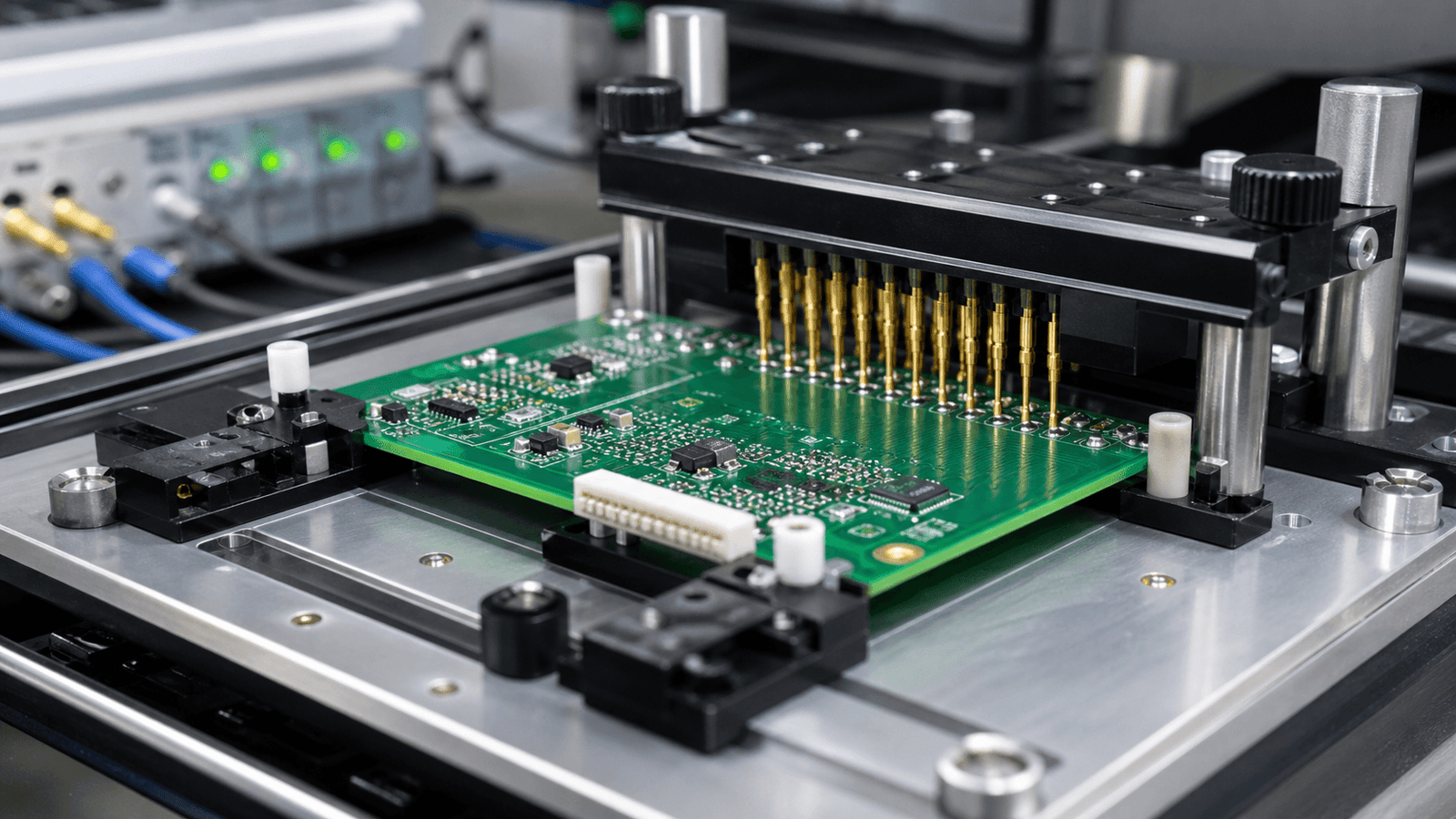 Custom PCB test jig with spring-loaded pogo pins contacting a green circuit board in a production test fixture