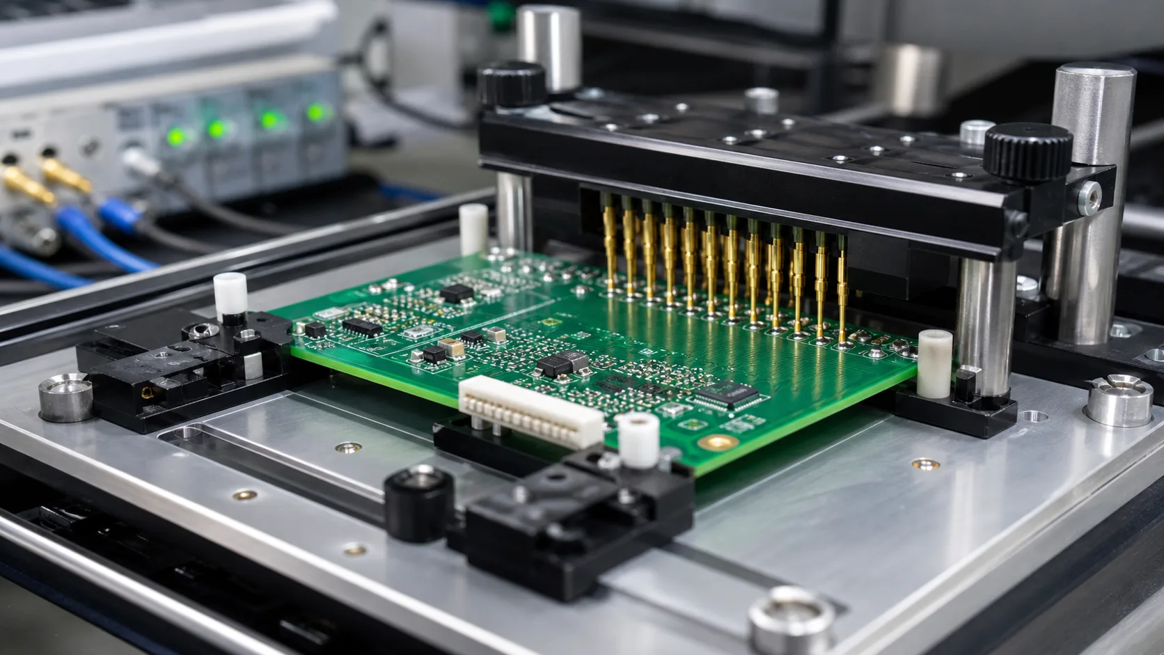 Custom PCB test jig with spring-loaded pogo pins contacting a green circuit board in a production test fixture