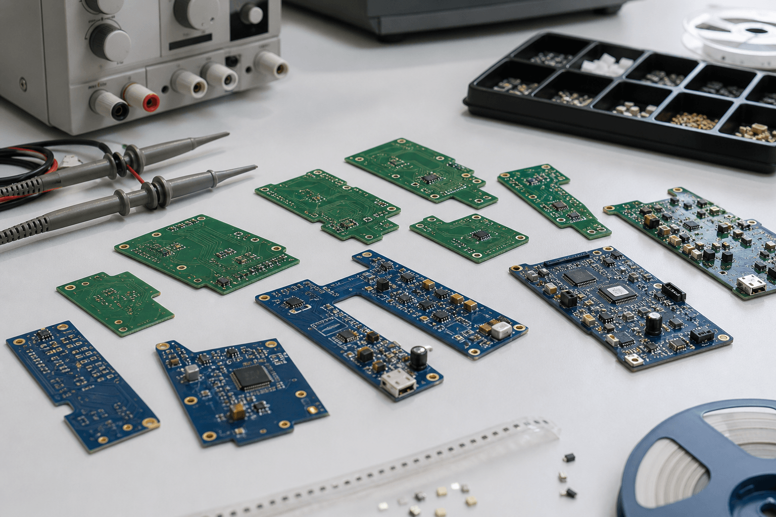 Multiple small PCB prototype revisions laid out side by side on an engineering bench with test probes and a lab power supply