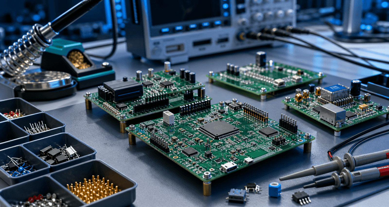 Electronic PCB prototypes on a workbench with soldering equipment and oscilloscope probes in a professional engineering lab