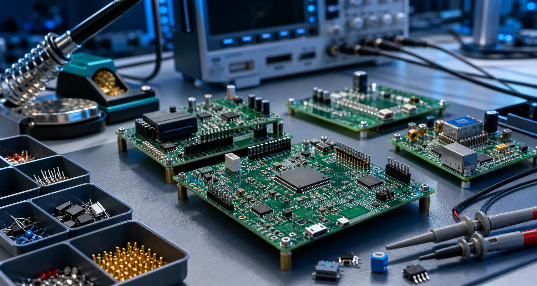 Electronic PCB prototypes on a workbench with soldering equipment and oscilloscope probes in a professional engineering lab