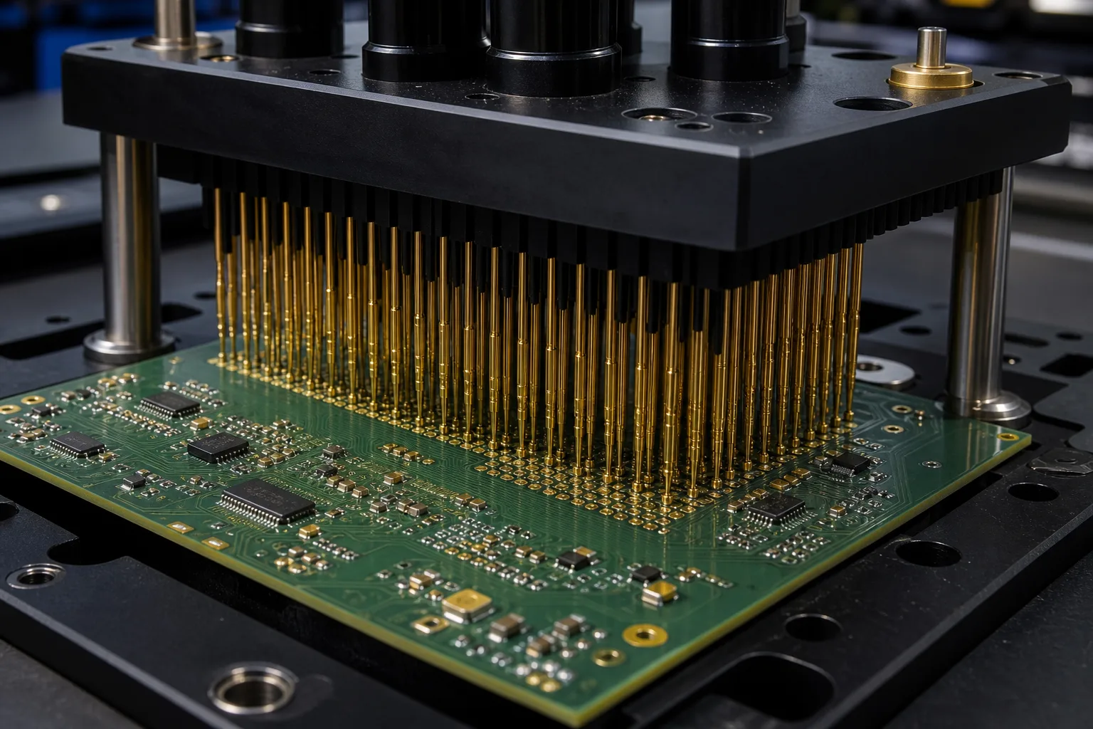 Custom PCB test fixture with pogo pins and mechanical clamping mechanism on an electronics workbench